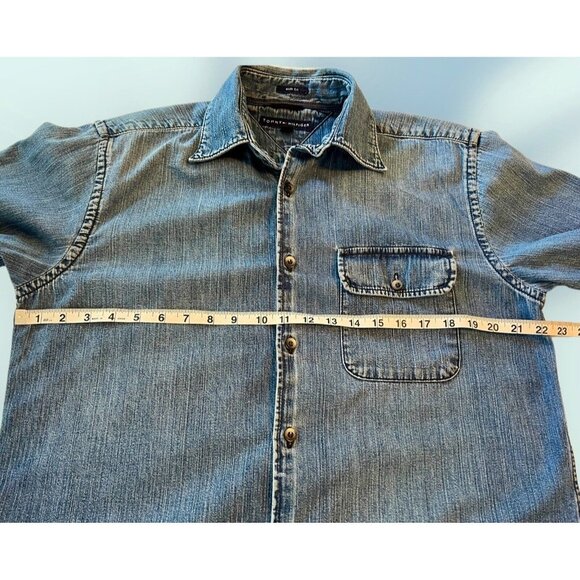 VTG Tommy Hilfiger Blue Button Up Denim Shirt Jacket Mens Size M Slim 44" Chest - Picture 6 of 9